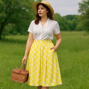 Vintage 80s 90s Chaus Bright Yellow White Polka Dot Midi Skirt High Waist Pocket